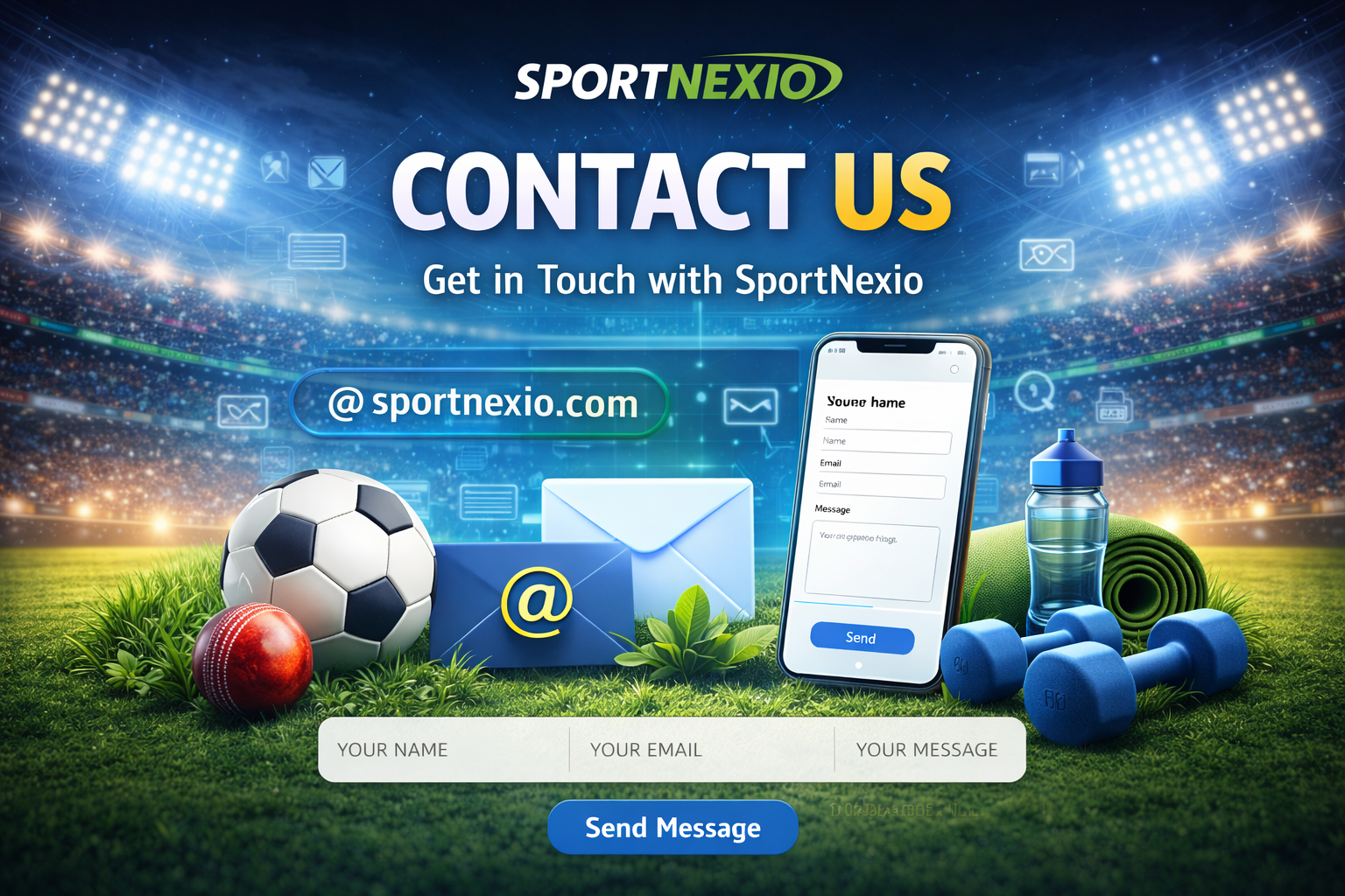 contact us banner for sportnexio with sports stadium, email icon